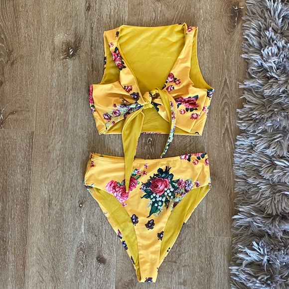Other - Yellow floral tie front high waist bikini